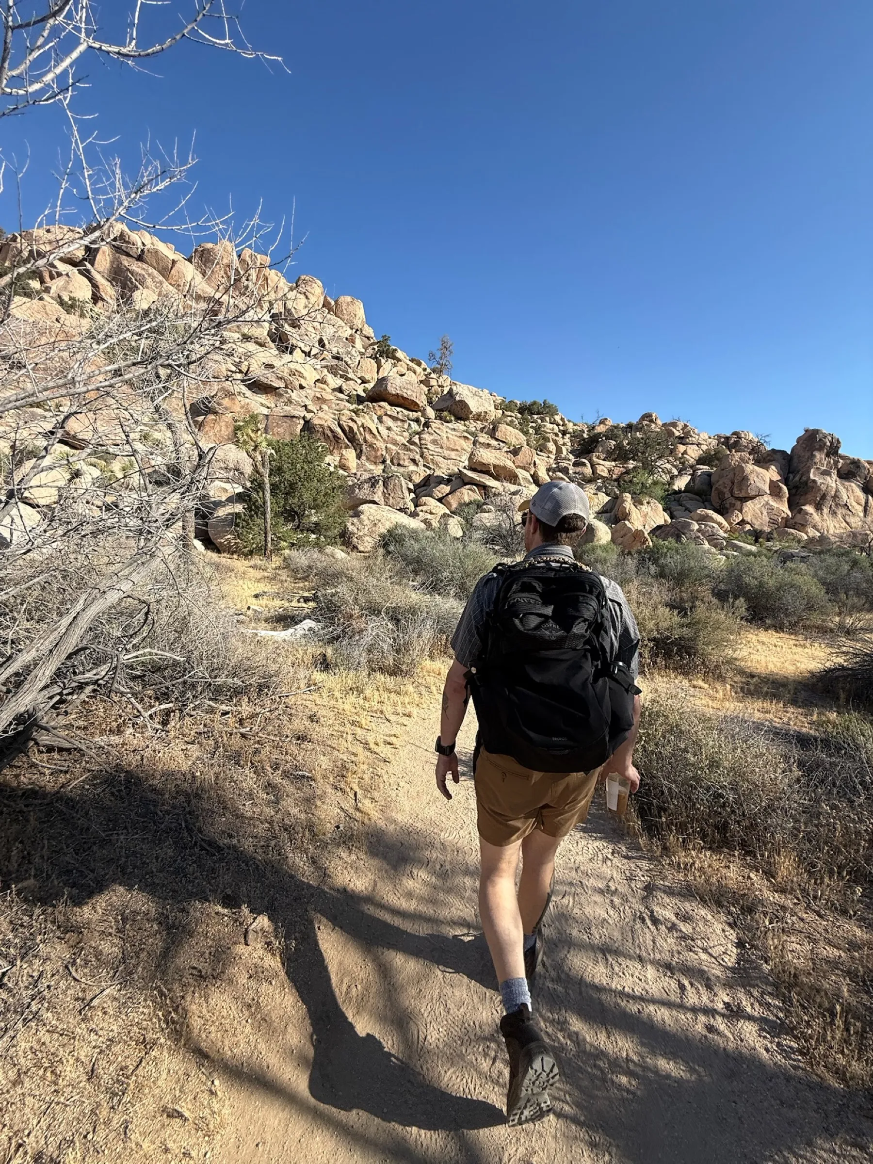 A hiker, walking the wrong way down a trail with an iced coffee and a chipper attitude.