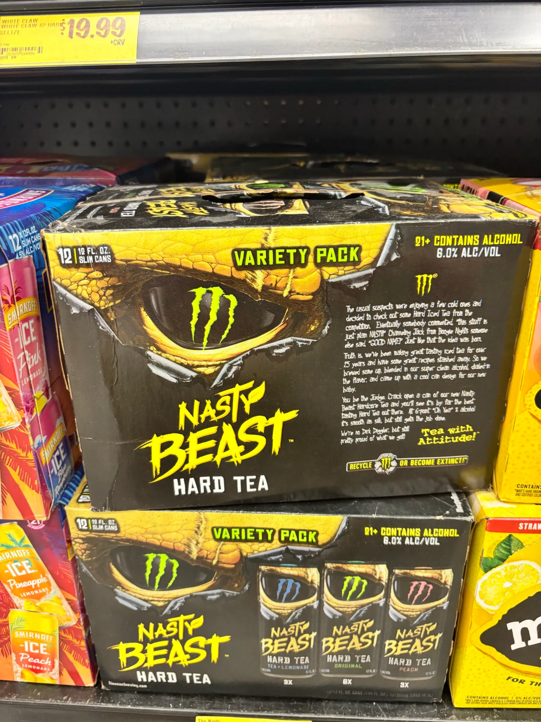 A store shelf of Nasty Beast Hard Tea variety packs